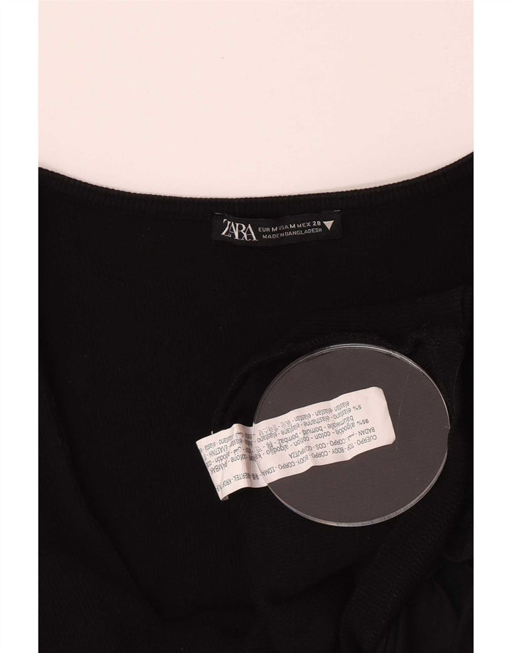 Zara Top feminino manga 3/4 UK 12 algodão preto médio