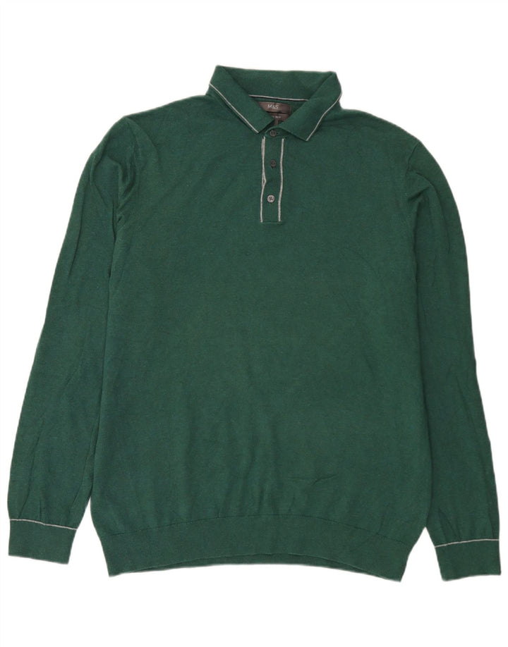 Suéter masculino Marks & Spencer com gola polo e algodão verde grande