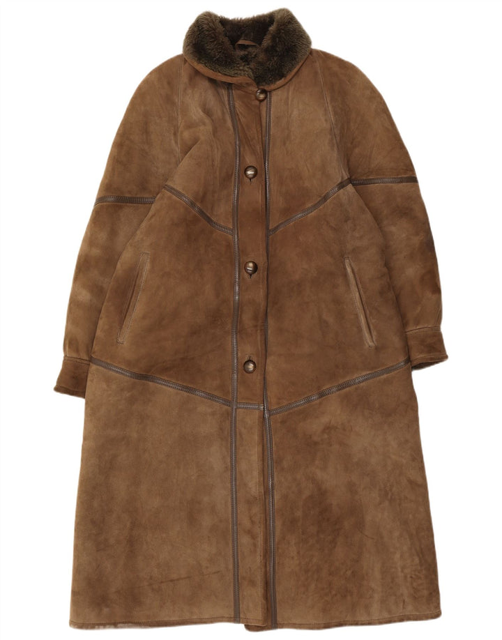 Casaco feminino vintage de shearling Reino Unido 16 grande couro marrom