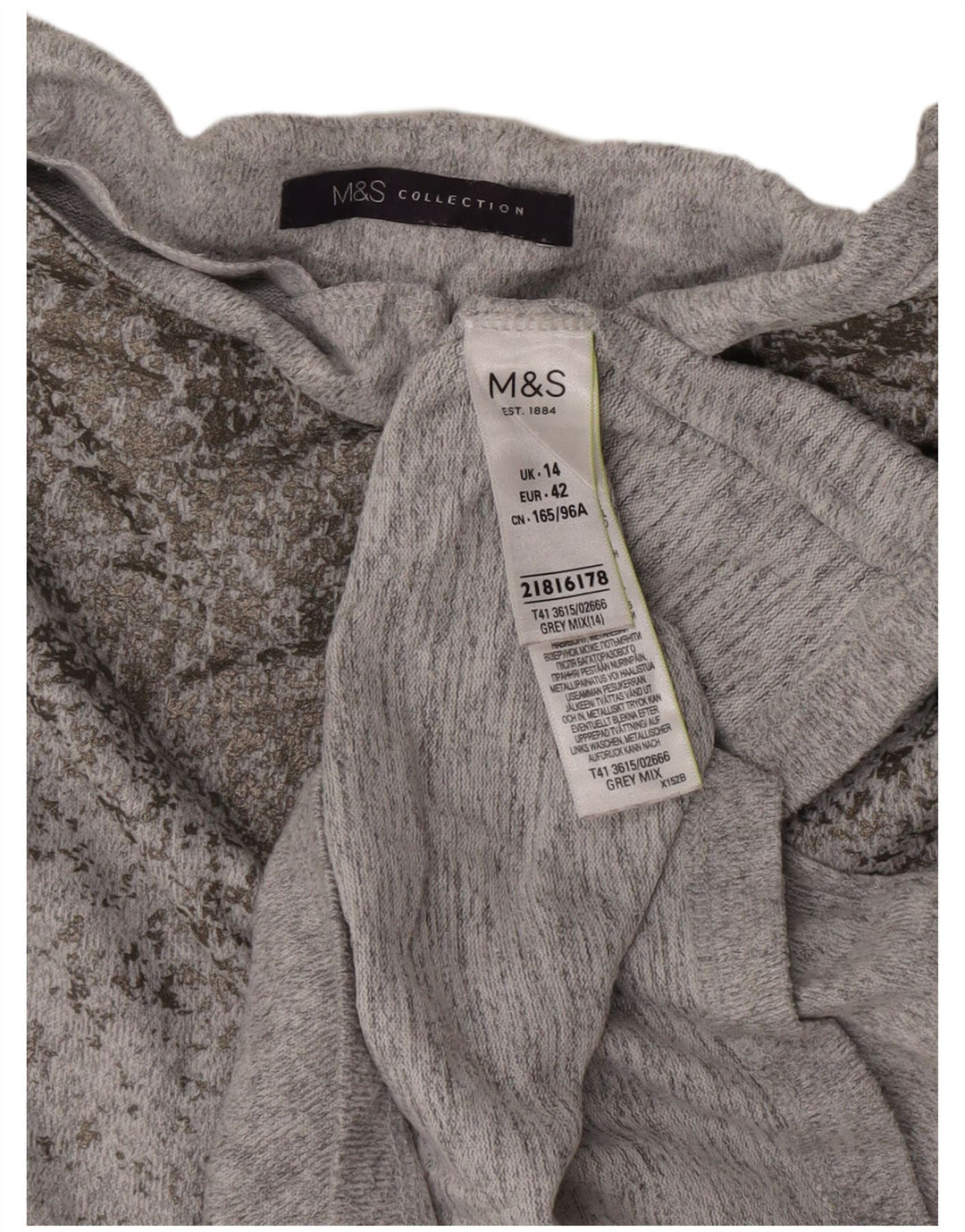 Blusa feminina Marks & Spencer UK 14 poliéster manchado cinza médio