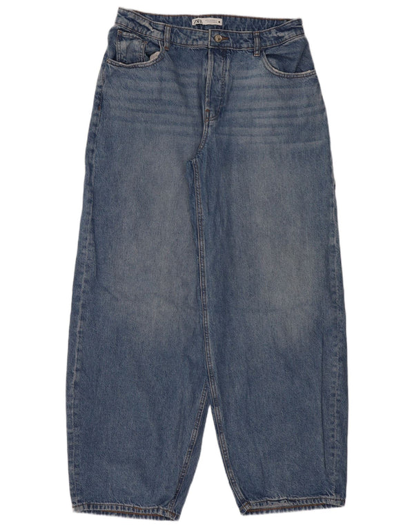 Zara Calça jeans feminina cintura alta solta UE 42 grande W32 L32 algodão azul