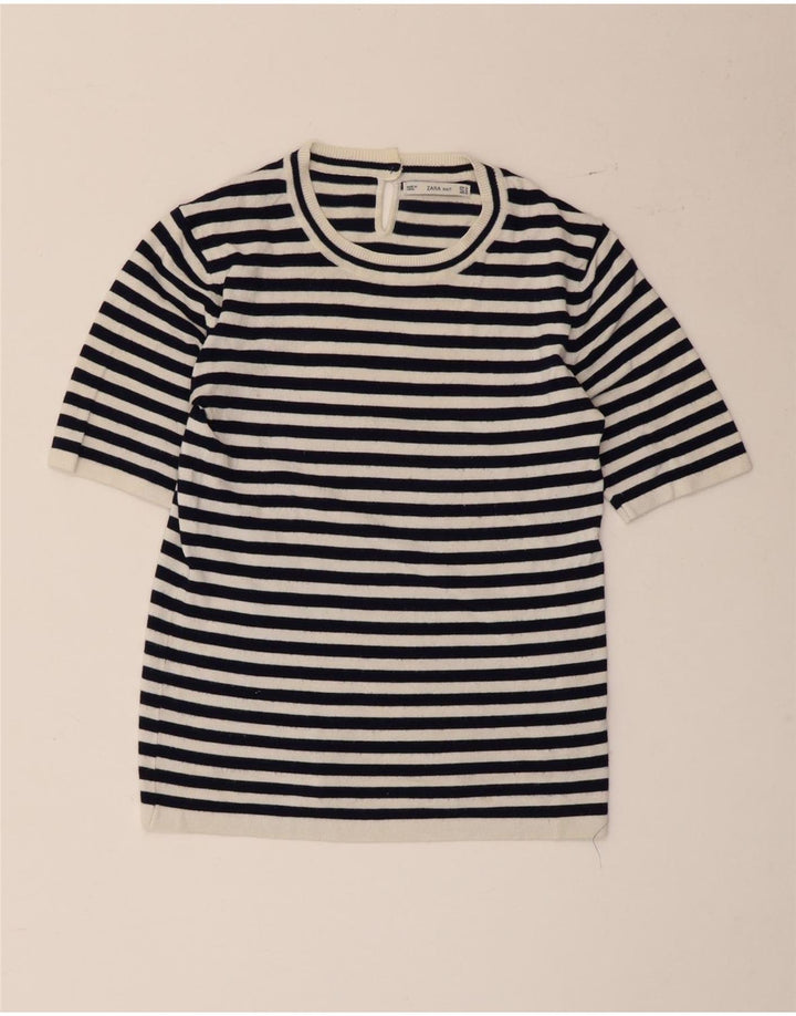 Camiseta feminina Zara UK 12 viscose listrada branca média