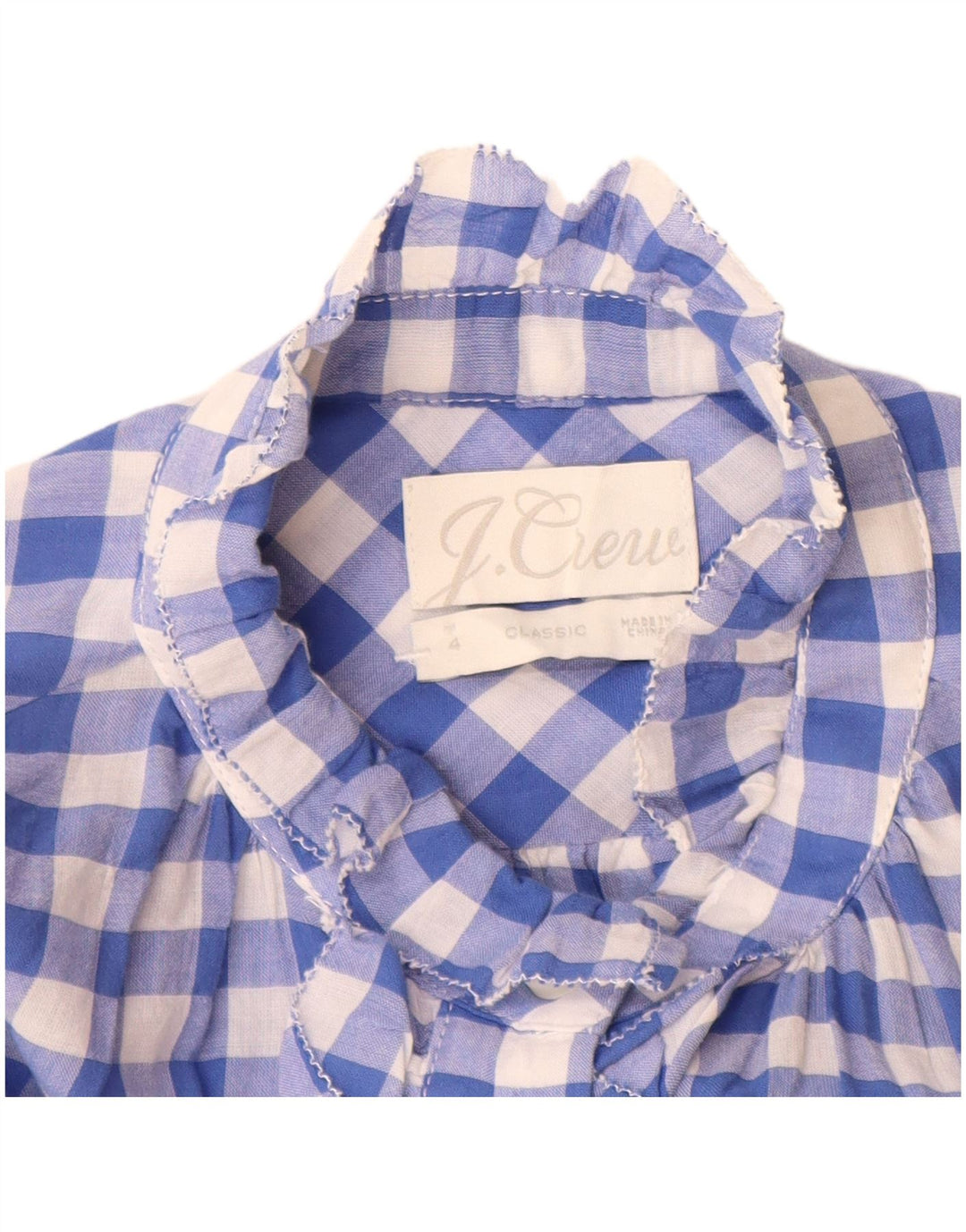 J. Crew Blusa feminina de manga comprida com babados na frente US 4 pequena xadrez azul