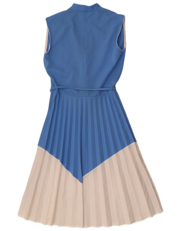 Vestido feminino vintage sem mangas evasê UK 12 bloco colorido azul médio