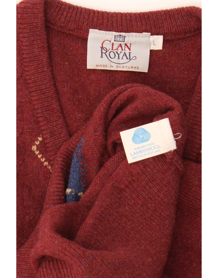 Suéter masculino Clan Royal com decote em V grande vermelho Argyle/Diamante Lambswool
