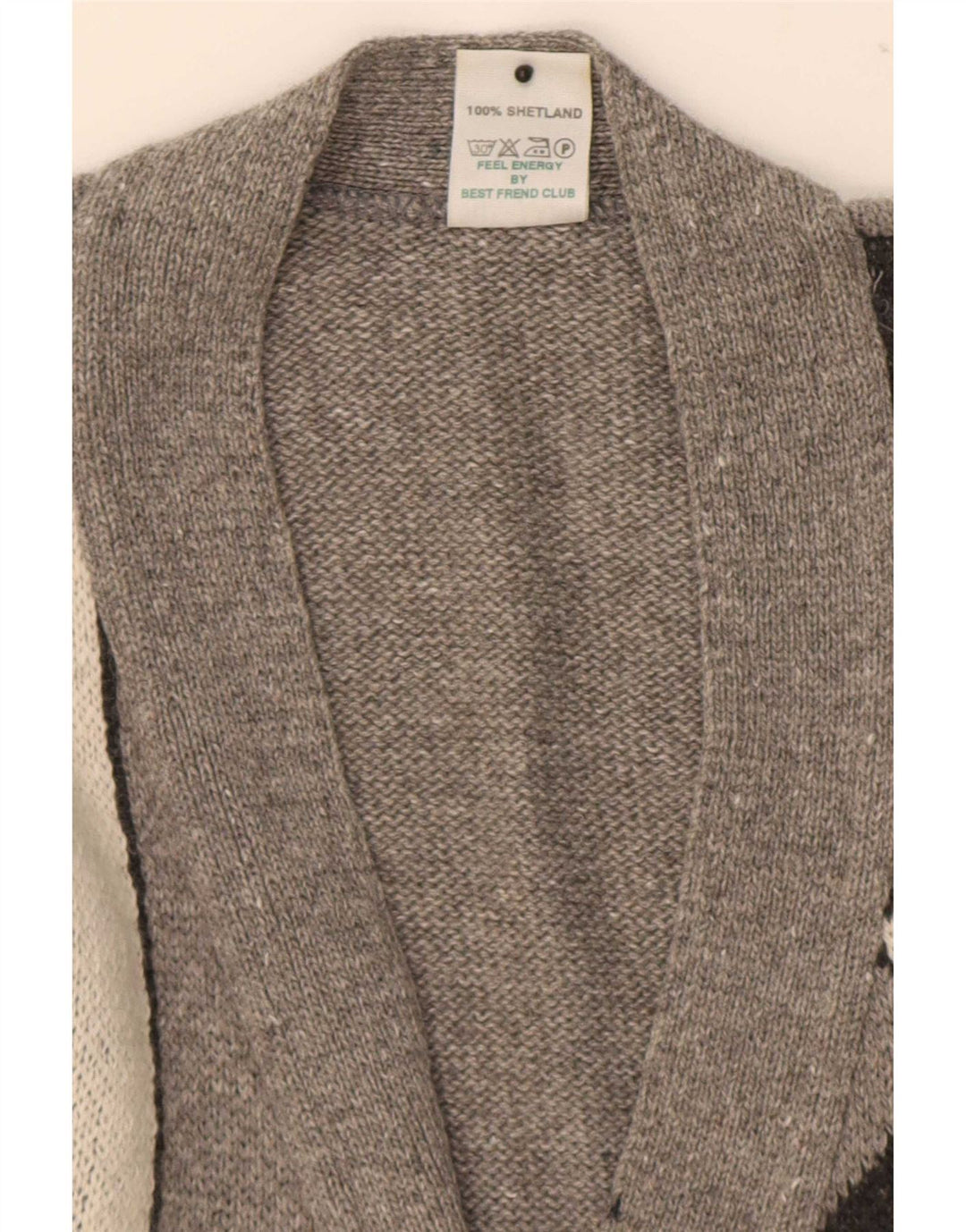 Suéter cardigã masculino Shetland de lã geométrica cinza médio
