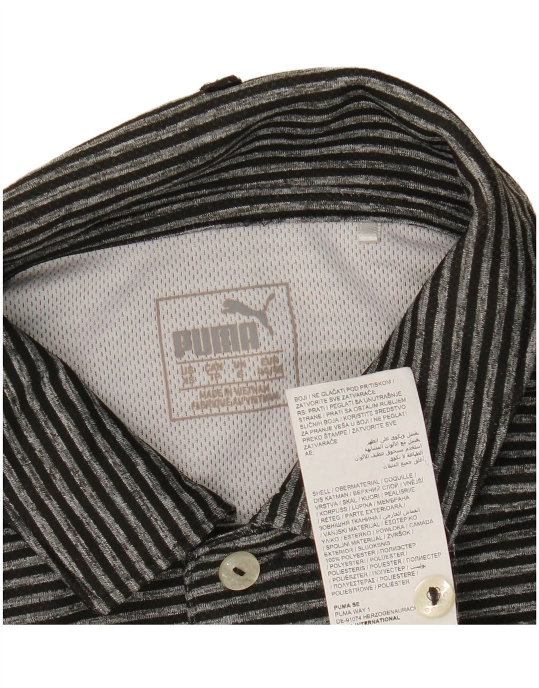 Camisa polo masculina Puma pequena listrada preta de poliéster