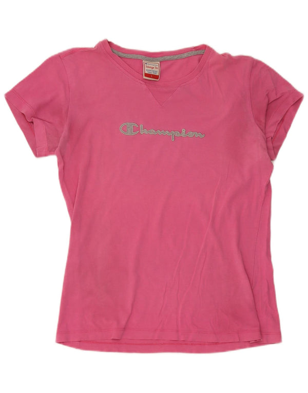 Camiseta feminina Champion Heritage Fit com estampa gráfica UK 14 grande rosa