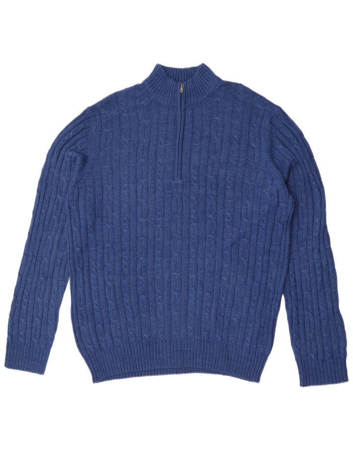 Suéter masculino Izod com zíper e gola grande de algodão azul