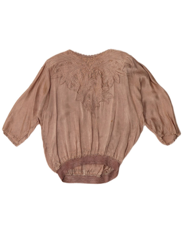 Blusa feminina vintage manga 3/4 top UK 20 2XL marrom floral viscose