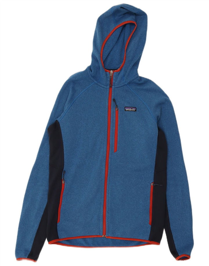 Suéter masculino Patagonia com capuz e zíper azul médio poliéster colorblock
