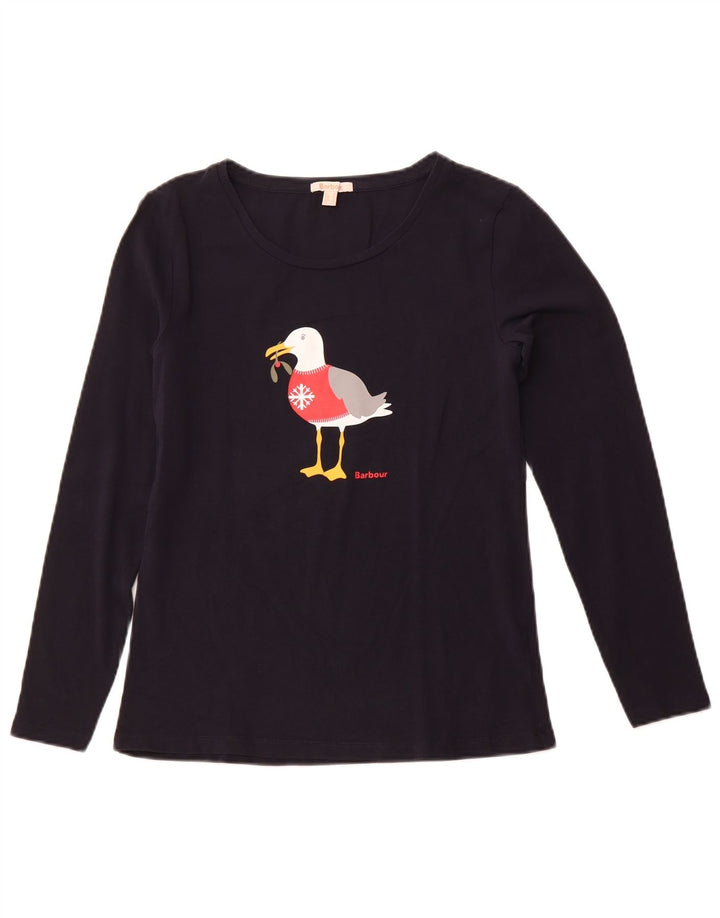 Top gráfico feminino BARBOUR manga comprida Reino Unido 10 pequeno azul marinho Natal