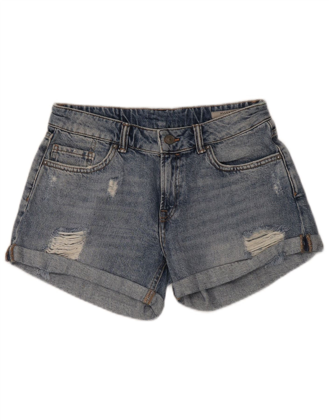 Shorts jeans feminino All Saints desgastado W30 algodão azul médio