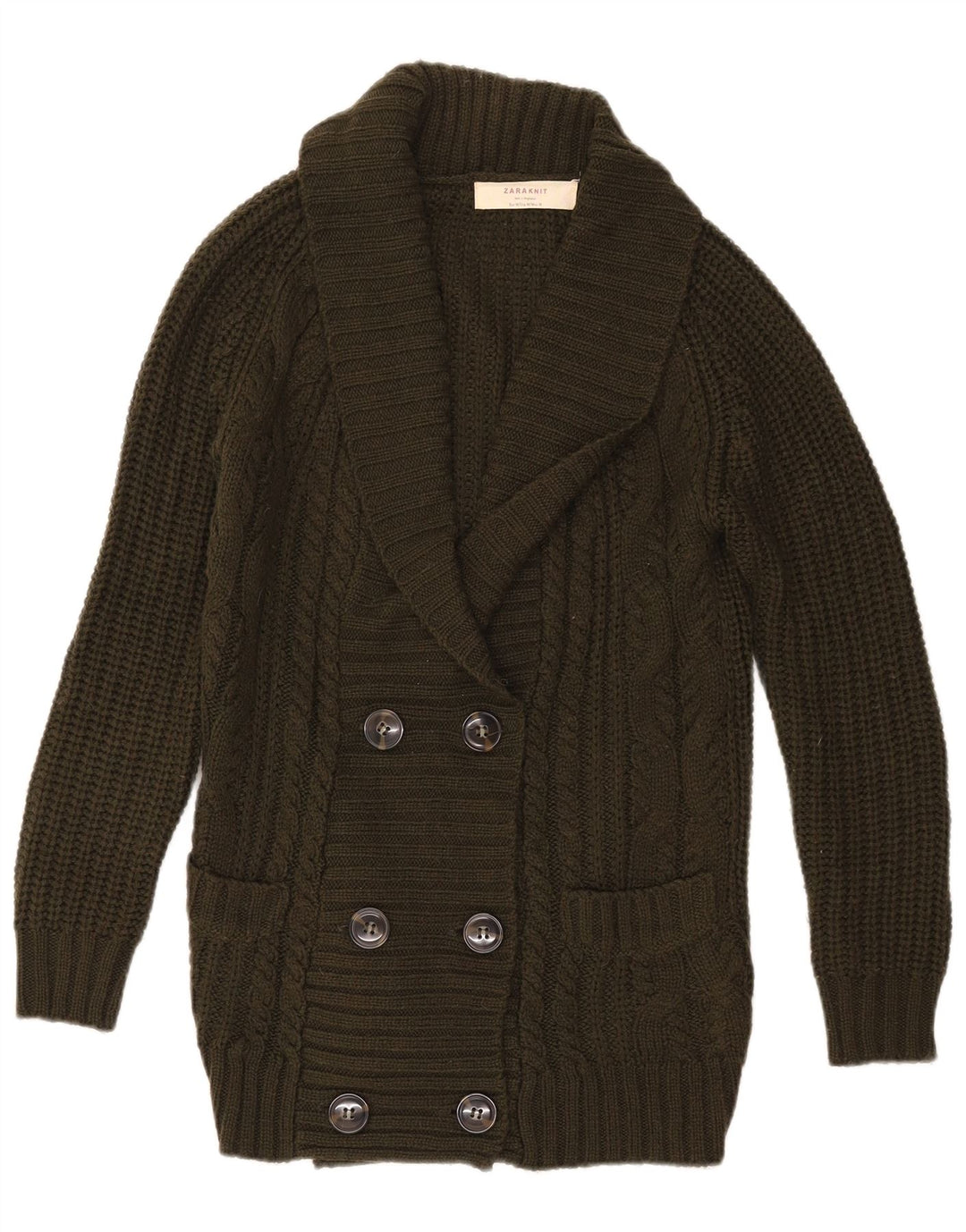 Suéter cardigã feminino Zara com peito duplo UK 14 médio cáqui