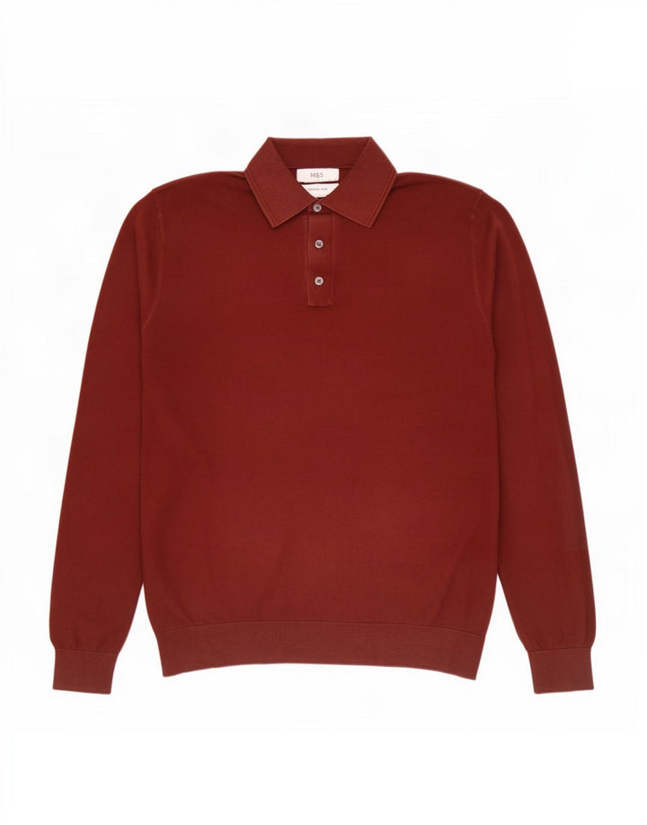 Suéter masculino Marks & Spencer com gola polo e algodão marrom médio