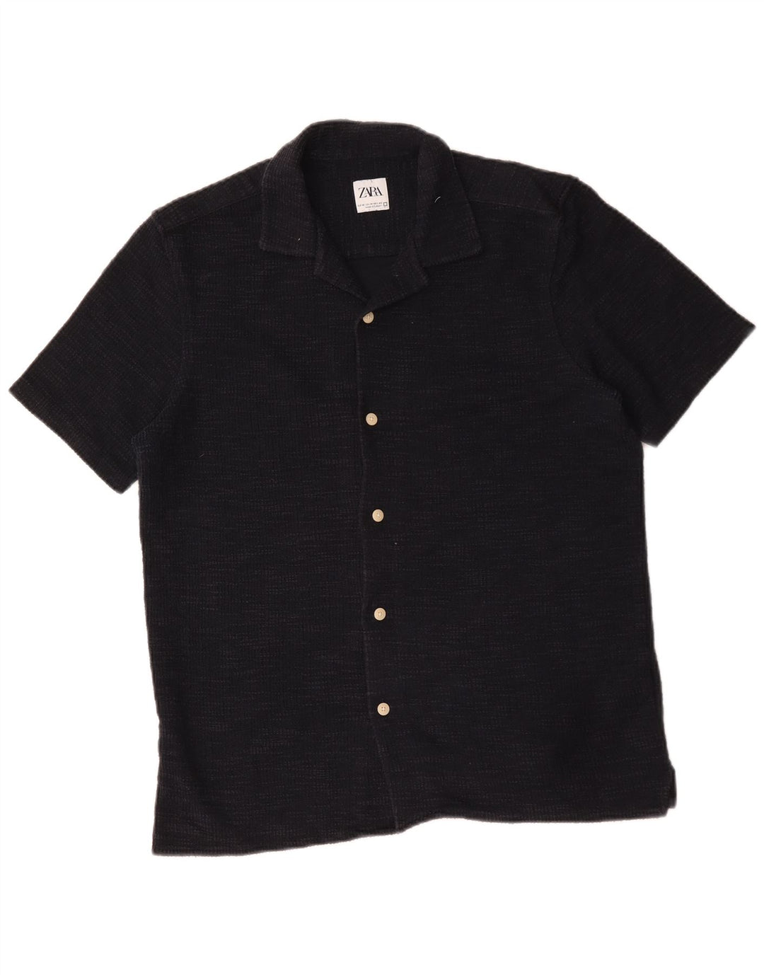 Camisa masculina de flanela de manga curta Zara algodão azul marinho médio