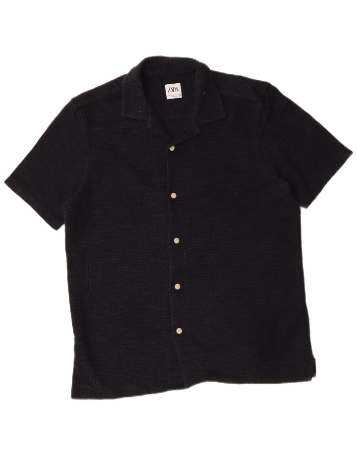 Camisa masculina de flanela de manga curta Zara algodão azul marinho médio
