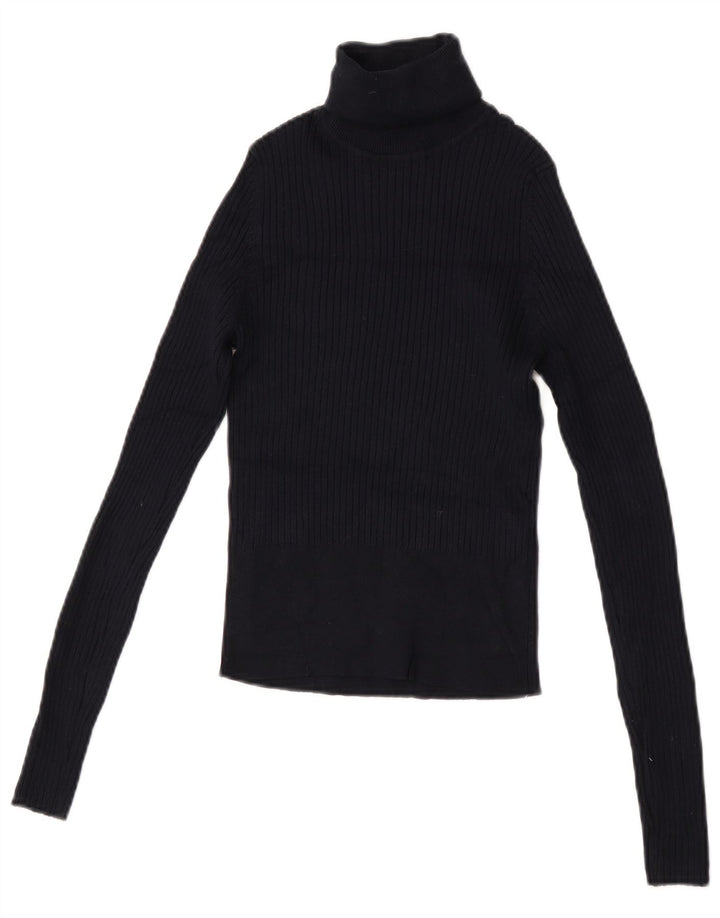 Zara Top curto feminino manga comprida UK 12 médio azul marinho viscose