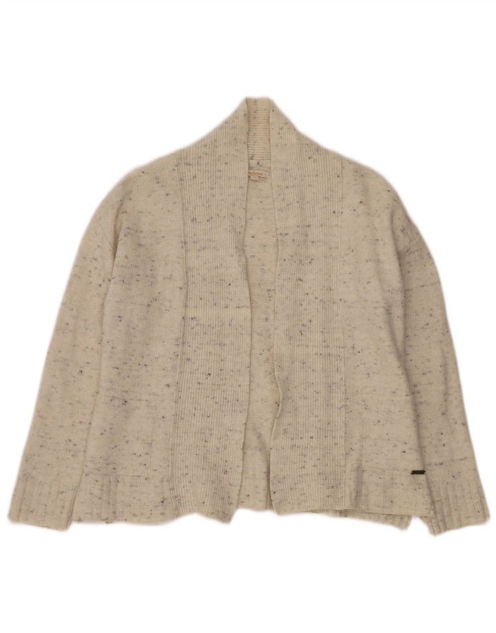 Suéter cardigã feminino aberto BARBOUR Reino Unido 10 pequeno lã manchada esbranquiçada