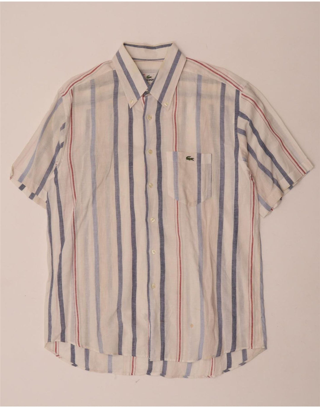 Lacoste camisa masculina de manga curta tamanho 42 linho listrado branco grande
