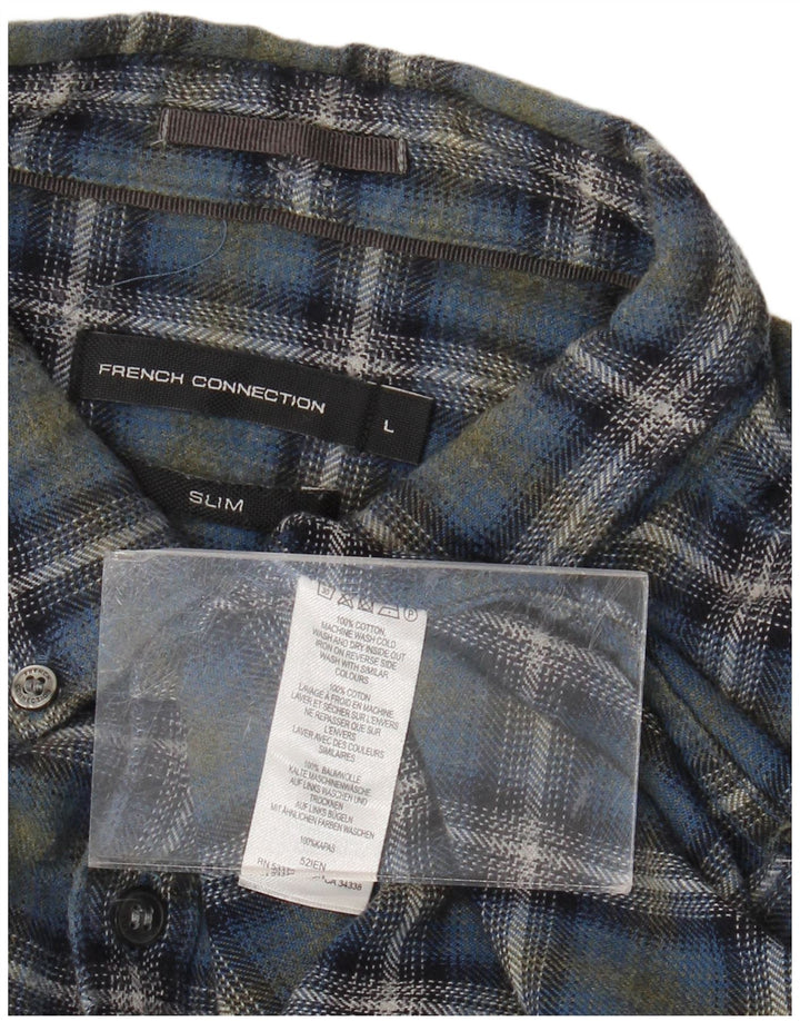 Camisa masculina de flanela slim French Connection grande algodão xadrez azul