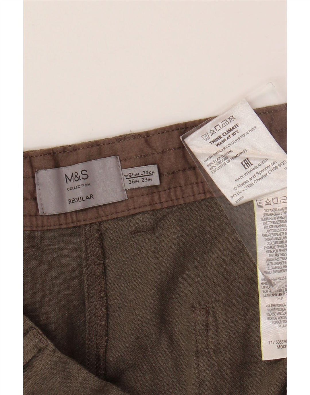 Calça chino masculina MARKS & SPENCER regular fit W36 L29 linho marrom