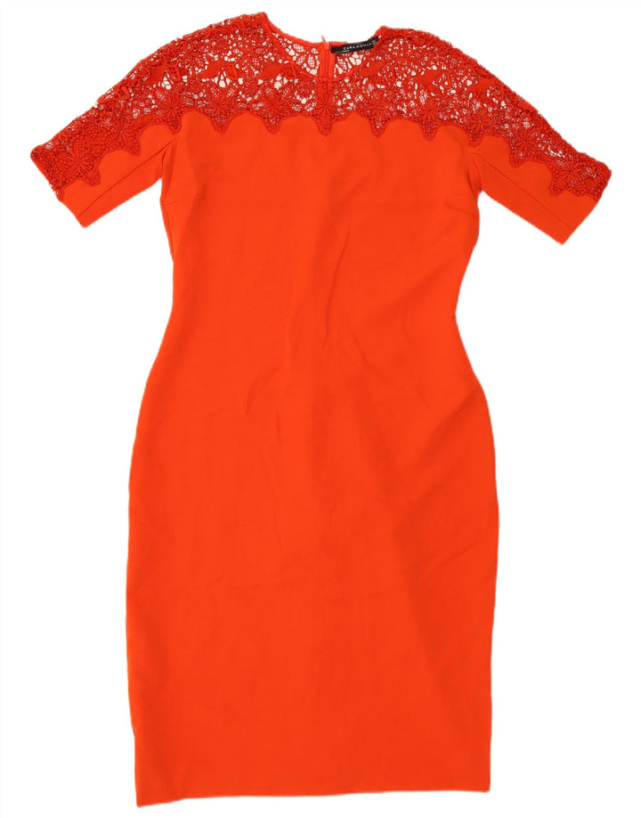 Vestido feminino Zara com bainha de renda Reino Unido 14 grande poliéster vermelho