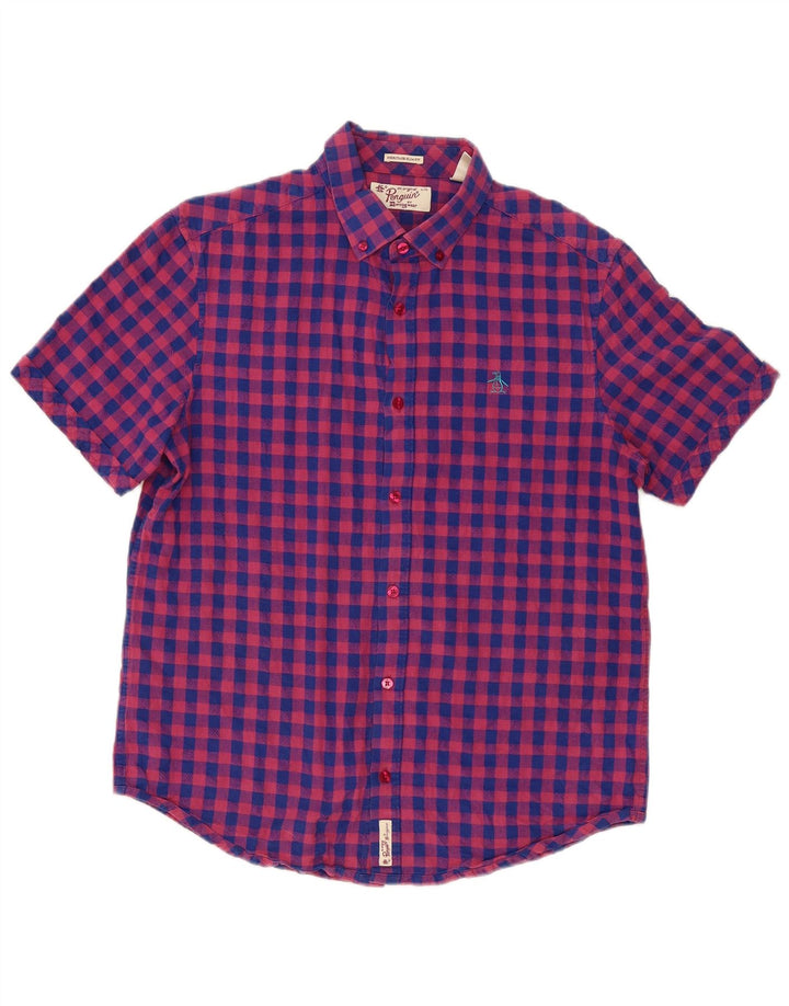 Camisa masculina de manga curta Penguin grande rosa guingão