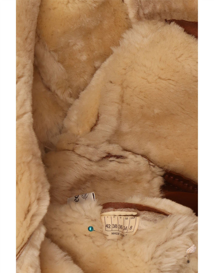 Jaqueta feminina vintage de shearling grande EUA 8 couro marrom médio