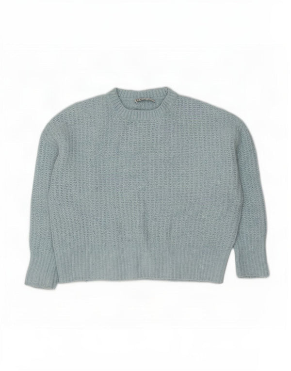 Zara Suéter feminino oversized com gola redonda Reino Unido 14 poliéster azul médio