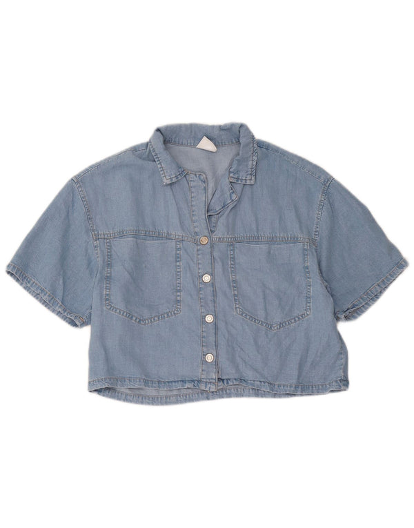 Zara Camisa jeans feminina cropped manga curta 13-14 anos azul Lyocell
