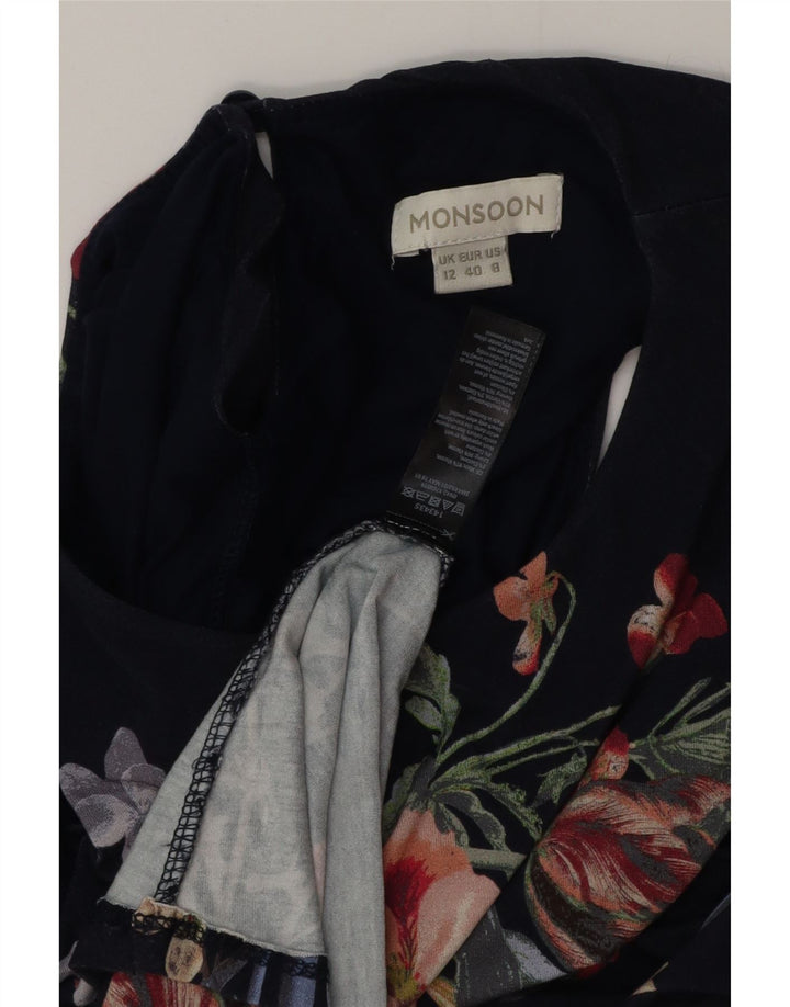 Vestido maxi feminino Monsoon com ombro de fora UK 12 médio azul marinho floral