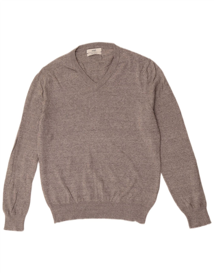 Suéter masculino Marks & Spencer com decote em V grande algodão cinza