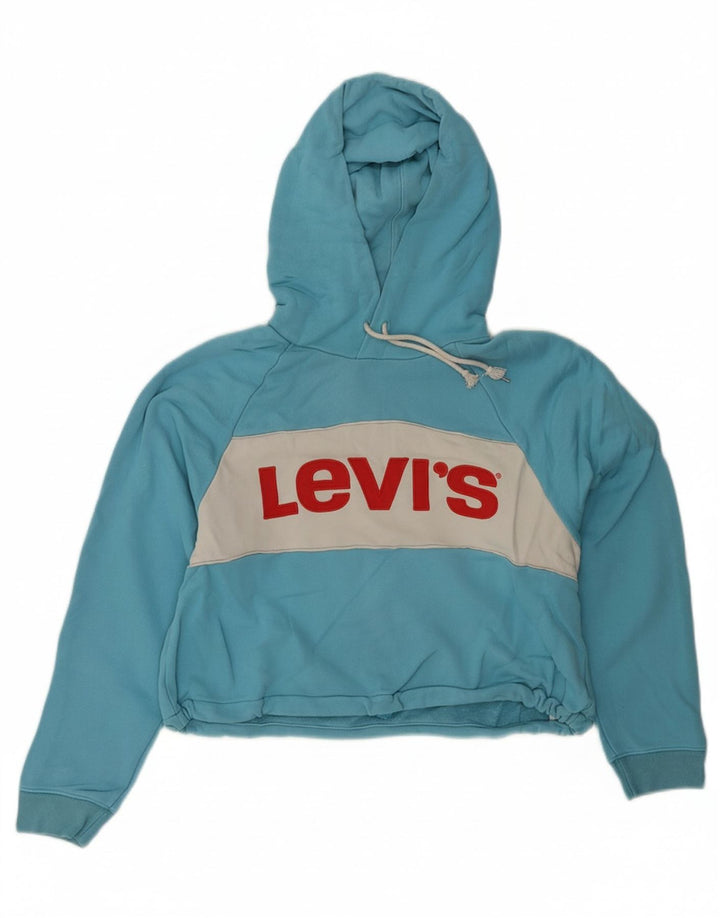 LEVI'S Womens Oversized Crop Hoodie Jumper UK 10 Small Blue Colourblock Vintage Levi's and Second-Hand Levi's from Messina Hembry 