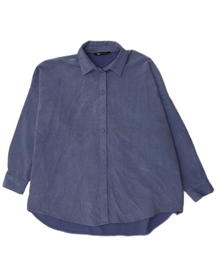 Camisa feminina de veludo cotelê Zara UK 16 grande azul poliéster