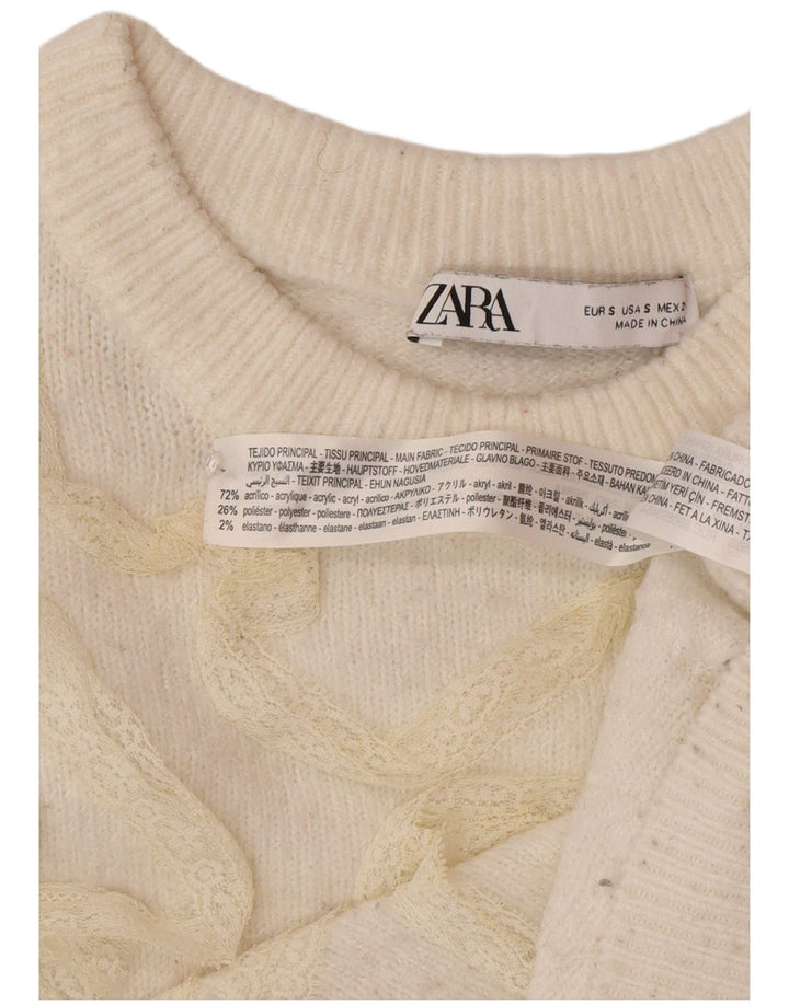 Suéter feminino Zara com estampa abstrata e gola redonda, tamanho UK 10, pequeno, off white