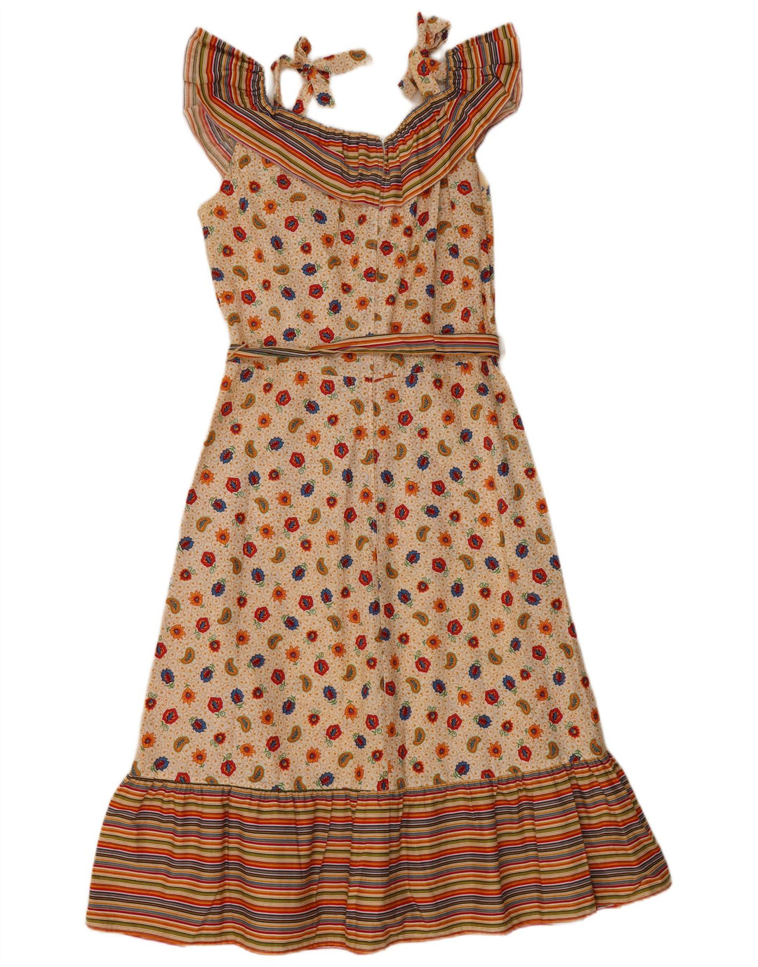 Vestido feminino VINTAGE sem mangas em linha A UE 36 pequeno algodão paisley bege
