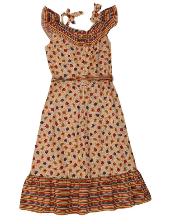Vestido feminino VINTAGE sem mangas em linha A UE 36 pequeno algodão paisley bege