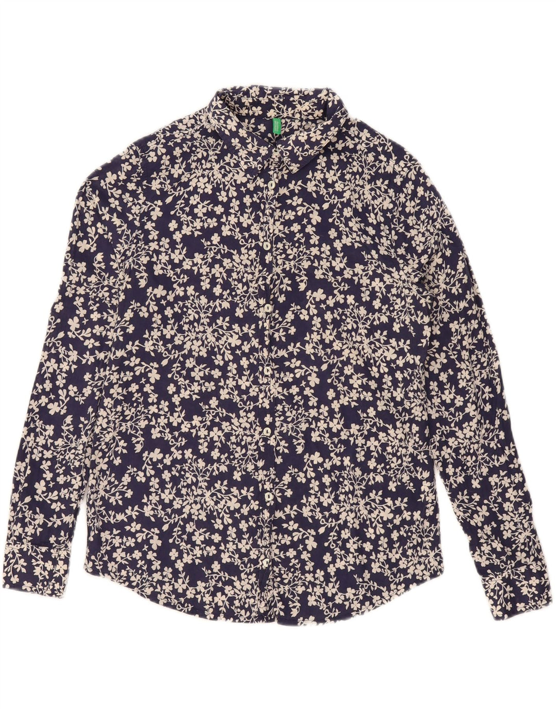 Camisa oversized feminina BENETTON Reino Unido 10 pequeno algodão floral azul marinho