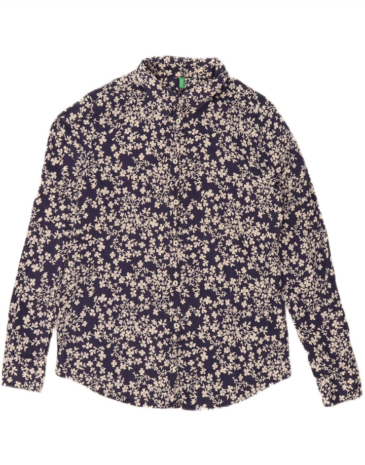 Camisa oversized feminina BENETTON Reino Unido 10 pequeno algodão floral azul marinho