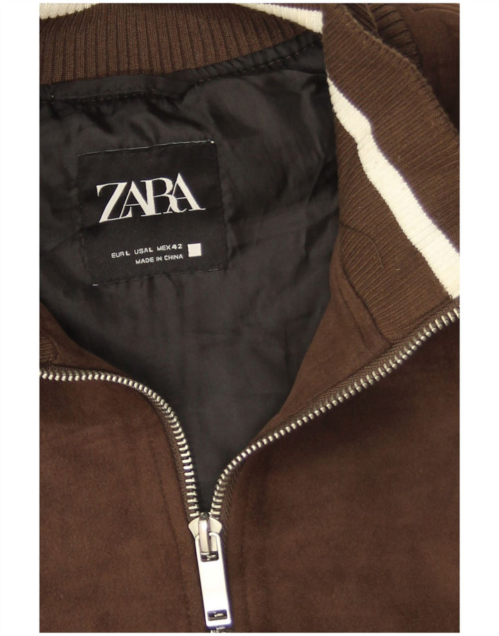 Jaqueta bomber masculina Zara em camurça sintética Reino Unido 40 grande marrom poliéster