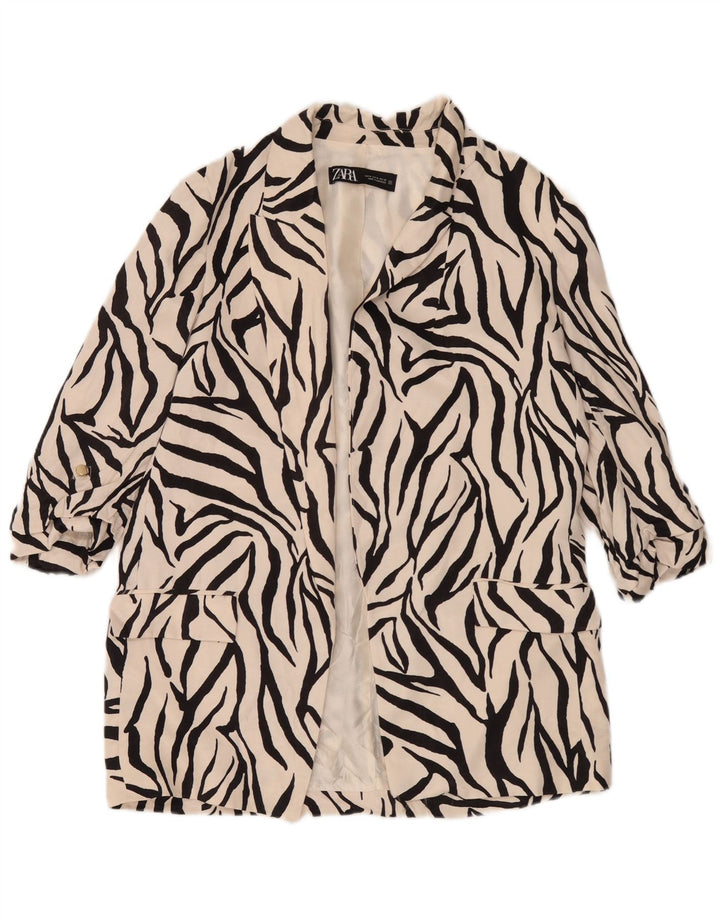 Zara Jaqueta blazer feminina manga 3/4 aberta Reino Unido 14 médio branco estampa animal