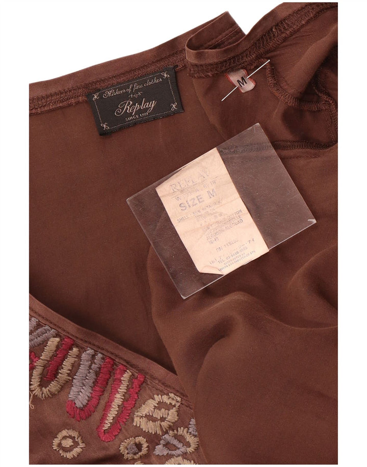 Vestido feminino Replay com estampa de manga comprida evasê Reino Unido 12 seda marrom médio