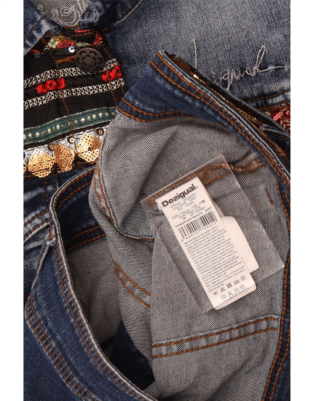 Jaqueta jeans gráfica feminina Desigual UE 38 médio azul marinho algodão floral