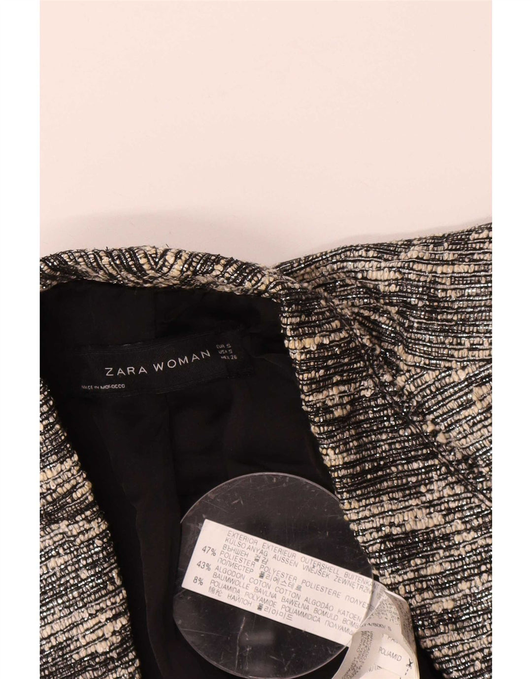 Jaqueta blazer aberta feminina Zara Reino Unido 10 poliéster manchado preto pequeno