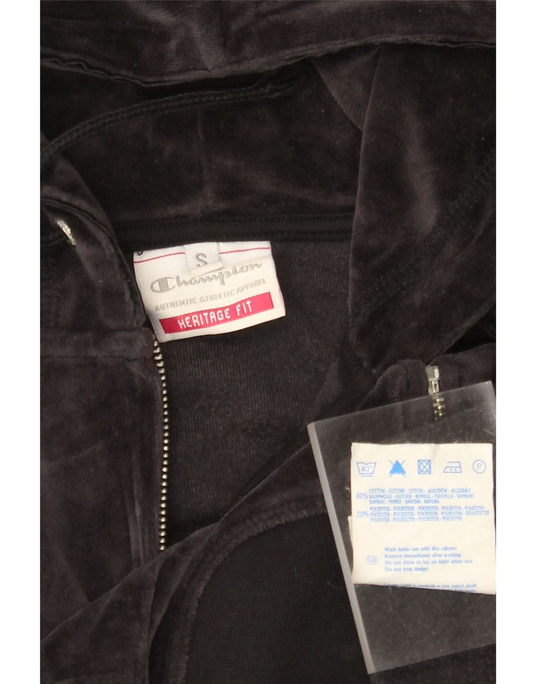 CHAMPION Suéter feminino Heritage Fit Velour Zip com capuz Reino Unido 10 pequeno preto