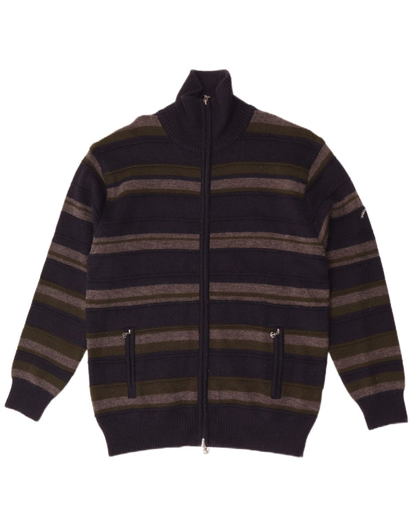 Suéter cardigã masculino vintage 2XL lã merino listrada azul marinho