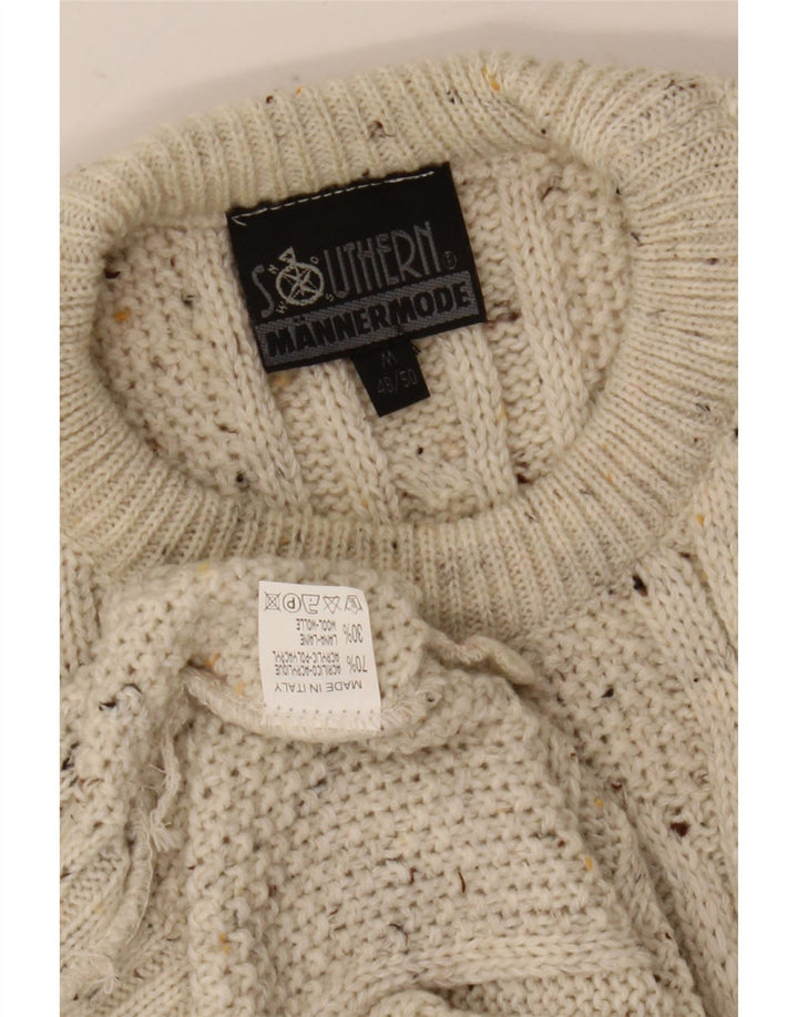 Suéter vintage masculino solto com gola redonda, médio esbranquiçado manchado