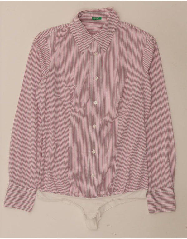 Camiseta feminina Benetton UK 12 algodão listrado rosa médio