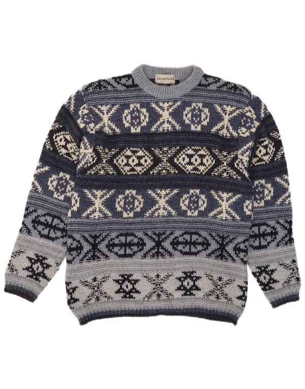 Suéter masculino vintage com gola redonda IT 48 lã Fair Isle azul médio
